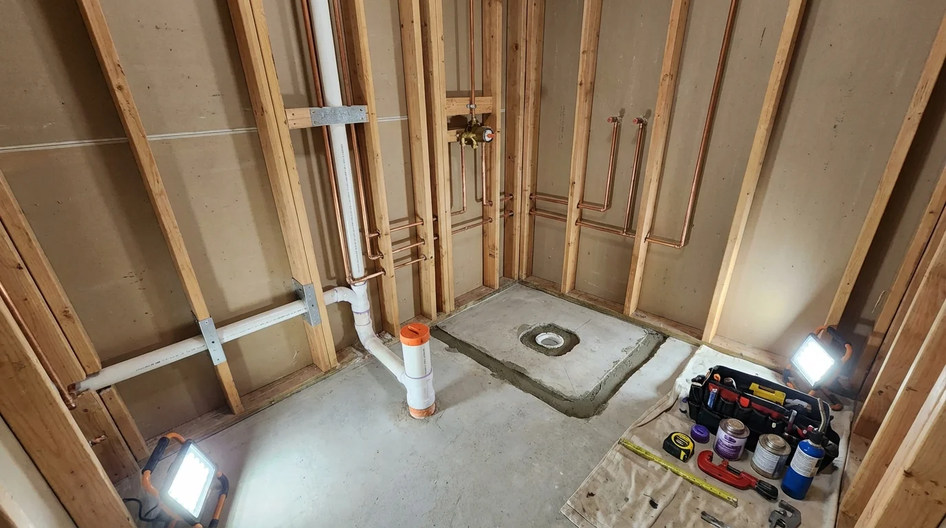 Bathroom rough-in plumbing during remodel by Johns Plumbing LLC in Vicksburg