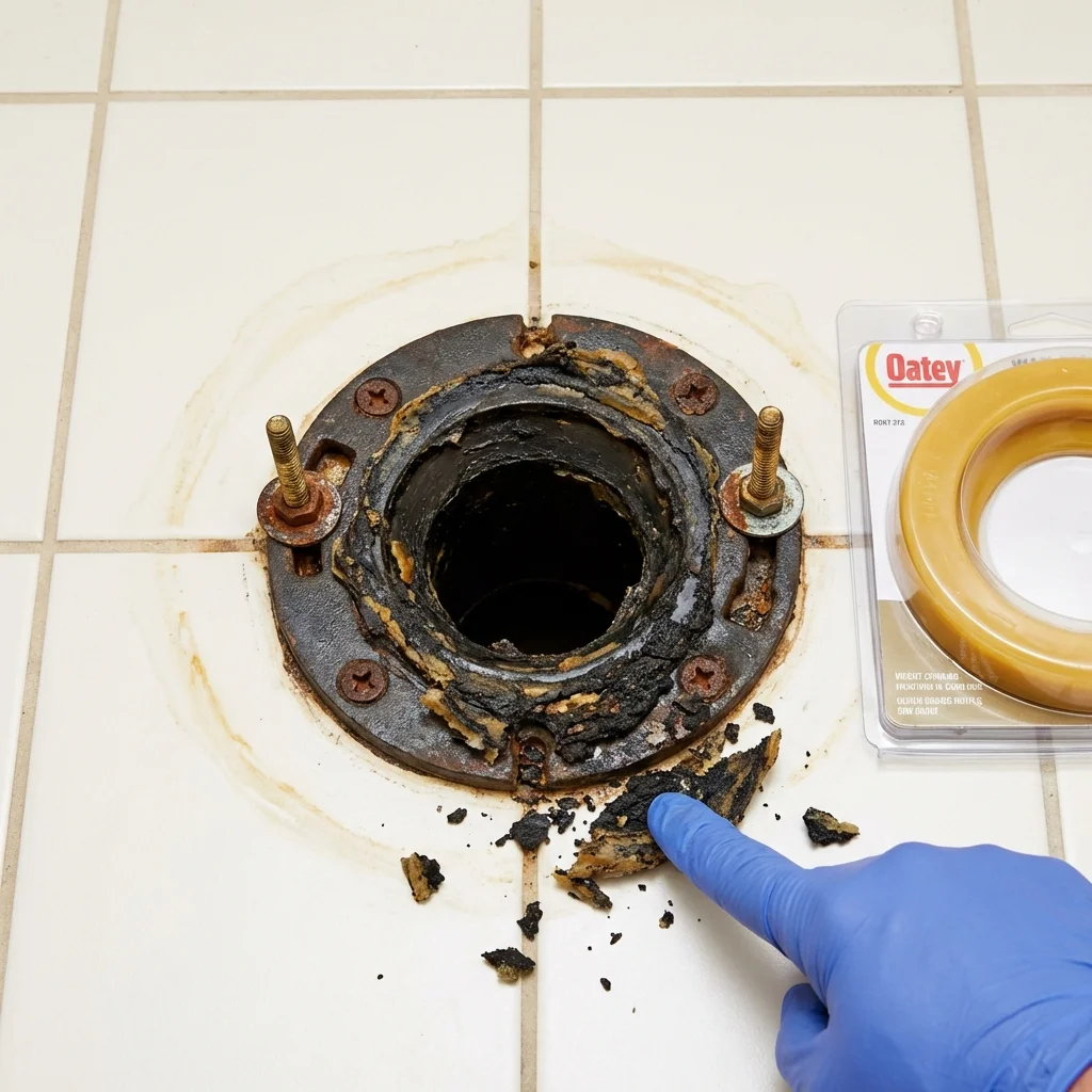 Failed wax ring showing water seepage at the base of a toilet in a Vicksburg, MS home