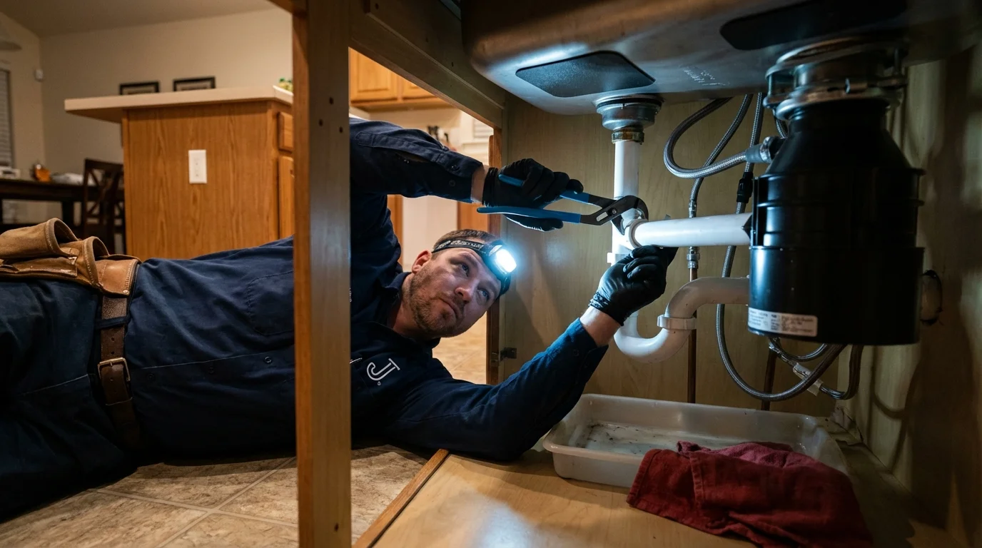 P-trap and supply line connections under a kitchen sink showing a common leak point in Vicksburg, MS